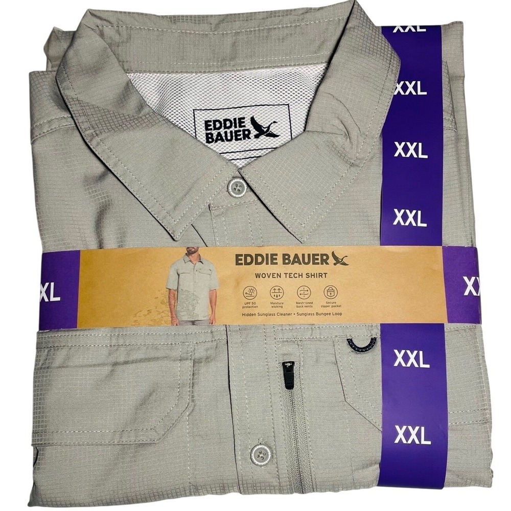 Eddie Bauer Mens Woven Tech Shirt XXL Grey Short Sleeve UPF 50 Ripstop EB007166